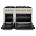 ZLINE Autograph Edition 48 in. 6.7 cu. ft. Select Double Oven Dual Fuel Range with 8 Burner Gas Cooktop in Satin Stainless Steel with Black Matte Doors and Polished Gold Accents, Open Box-Great Condition