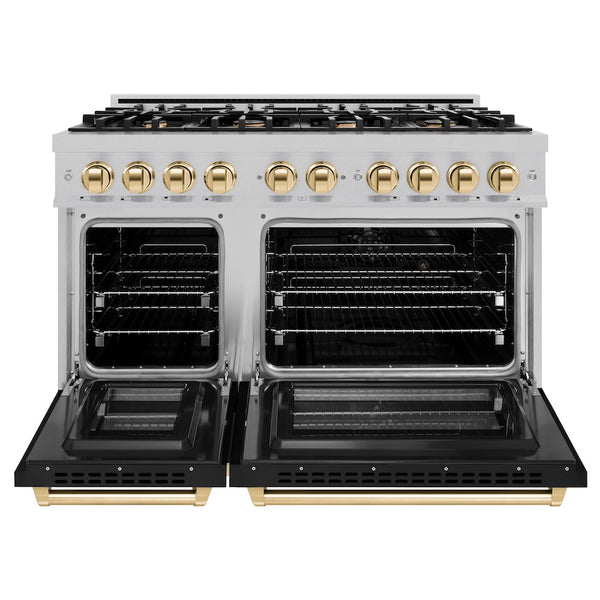 ZLINE Autograph Edition 48 in. 6.7 cu. ft. Select Double Oven Dual Fuel Range with 8 Burner Gas Cooktop in Satin Stainless Steel with Black Matte Doors and Polished Gold Accents, Open Box-Great Condition