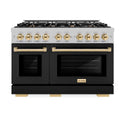 ZLINE Autograph Edition 48 in. 6.7 cu. ft. Select Double Oven Dual Fuel Range with 8 Burner Gas Cooktop in Satin Stainless Steel with Black Matte Doors and Polished Gold Accents, Open Box-Great Condition