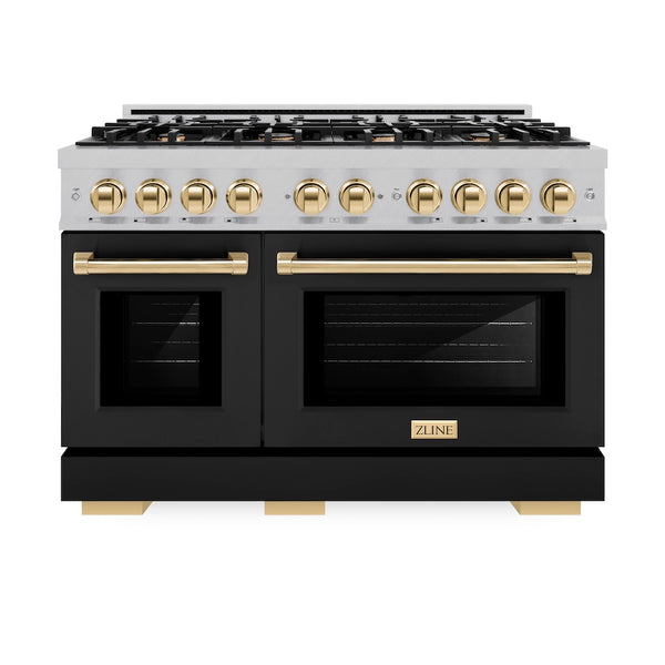 ZLINE Autograph Edition 48 in. 6.7 cu. ft. Select Double Oven Dual Fuel Range with 8 Burner Gas Cooktop in Satin Stainless Steel with Black Matte Doors and Polished Gold Accents, Open Box-Great Condition
