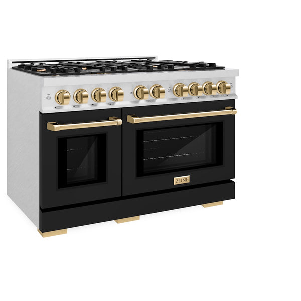 ZLINE Autograph Edition 48 in. 6.7 cu. ft. Select Double Oven Dual Fuel Range with 8 Burner Gas Cooktop in Satin Stainless Steel with Black Matte Doors and Polished Gold Accents, Open Box-Great Condition