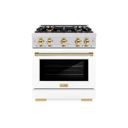ZLINE Autograph Edition 30 in. 4.2 cu. ft. Select Dual Fuel Range with 4 Burner Gas Cooktop and Electric Convection Oven in Satin Stainless Steel with White Matte Door and Polished Gold Accents (HDRSZ-WM-30-G)