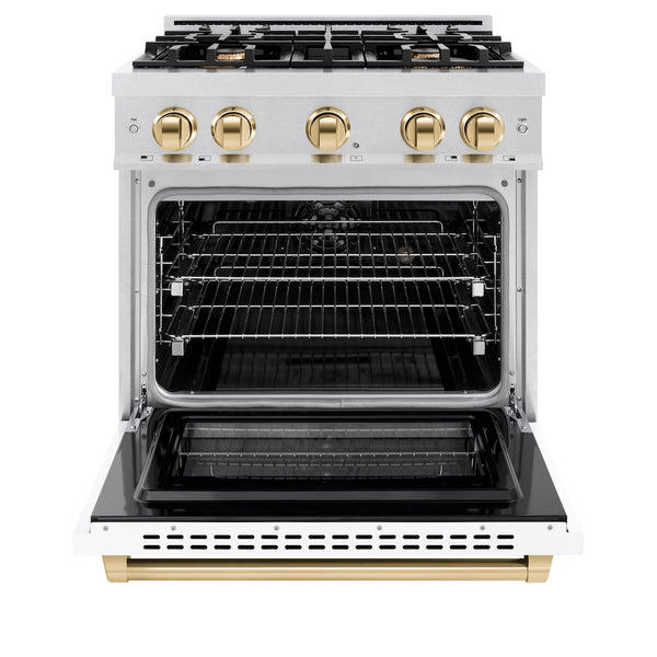 ZLINE Autograph Edition 30 in. 4.2 cu. ft. Select Dual Fuel Range with 4 Burner Gas Cooktop and Electric Convection Oven in Satin Stainless Steel with White Matte Door and Polished Gold Accents, Open Box-Great Condition