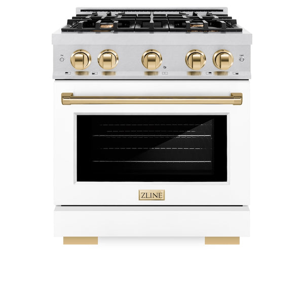 ZLINE Autograph Edition 30 in. 4.2 cu. ft. Select Dual Fuel Range with 4 Burner Gas Cooktop and Electric Convection Oven in Satin Stainless Steel with White Matte Door and Polished Gold Accents, Open Box-Great Condition