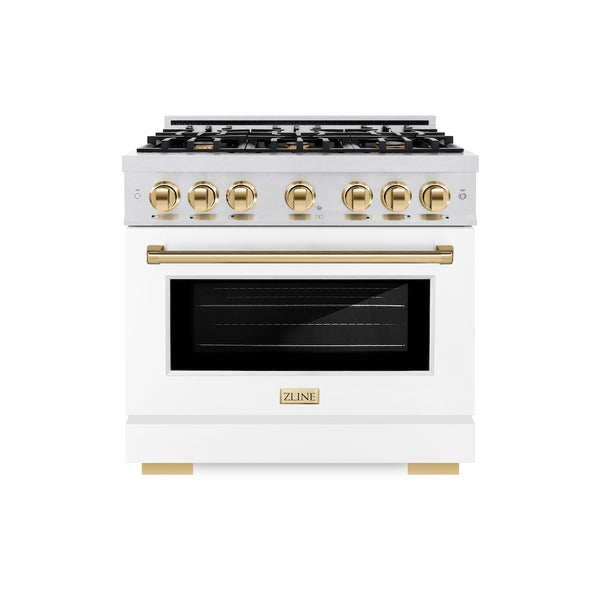 ZLINE Autograph Edition 36 in. 5.2 cu. ft. Select Dual Fuel Range with 6 Burner Gas Cooktop and Electric Convection Oven in Satin Stainless Steel with White Matte Door and Polished Gold Accents, Open Box-Great Condition