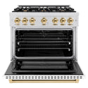 ZLINE Autograph Edition 36 in. 5.2 cu. ft. Select Dual Fuel Range with 6 Burner Gas Cooktop and Electric Convection Oven in Satin Stainless Steel with White Matte Door and Polished Gold Accents, Open Box-Great Condition