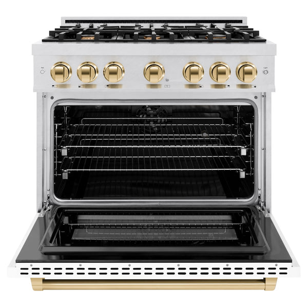 ZLINE Autograph Edition 36 in. 5.2 cu. ft. Select Dual Fuel Range with 6 Burner Gas Cooktop and Electric Convection Oven in Satin Stainless Steel with White Matte Door and Polished Gold Accents, Open Box-Great Condition