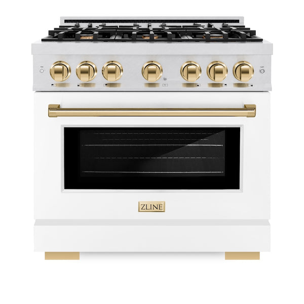ZLINE Autograph Edition 36 in. 5.2 cu. ft. Select Dual Fuel Range with 6 Burner Gas Cooktop and Electric Convection Oven in Satin Stainless Steel with White Matte Door and Polished Gold Accents, Open Box-Great Condition