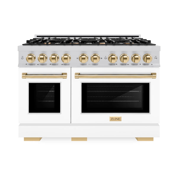 ZLINE Autograph Edition 48 in. 6.7 cu. ft. Select Double Oven Dual Fuel Range with 8 Burner Gas Cooktop in Satin Stainless Steel with White Matte Doors and Polished Gold Accents, Open Box-Great Condition