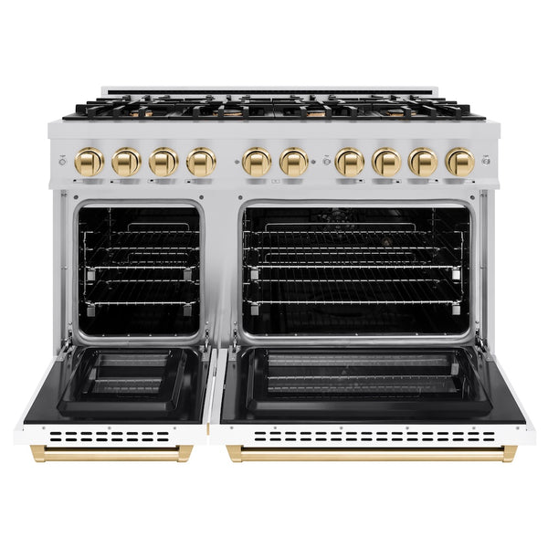 ZLINE Autograph Edition 48 in. 6.7 cu. ft. Select Double Oven Dual Fuel Range with 8 Burner Gas Cooktop in Satin Stainless Steel with White Matte Doors and Polished Gold Accents, Open Box-Great Condition