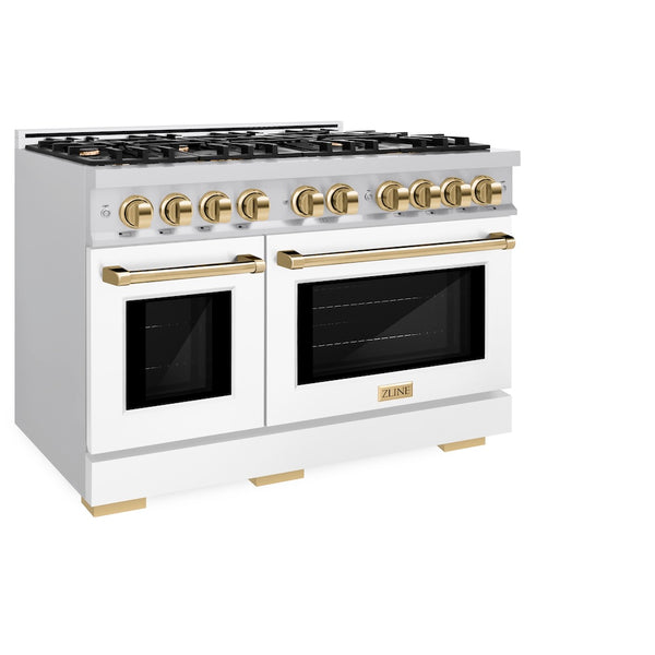 ZLINE Autograph Edition 48 in. 6.7 cu. ft. Select Double Oven Dual Fuel Range with 8 Burner Gas Cooktop in Satin Stainless Steel with White Matte Doors and Polished Gold Accents, Open Box-Great Condition