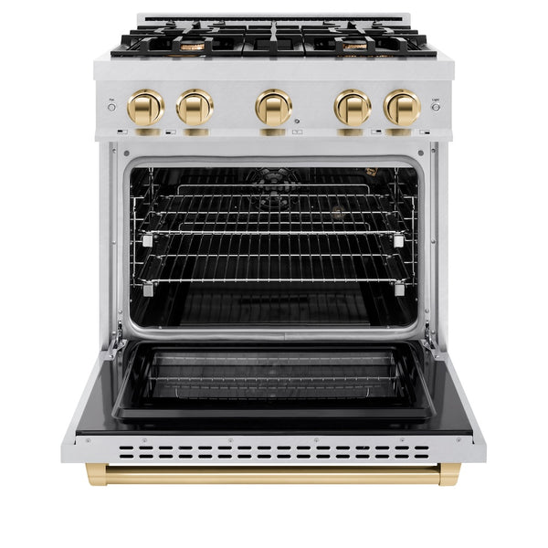 ZLINE Autograph Edition 30 in. 4.2 cu. ft. Select Gas Range with 4 Burner Cooktop and Convection Gas Oven in Satin Stainless Steel and Polished Gold Accents, Open Box-Great Condition