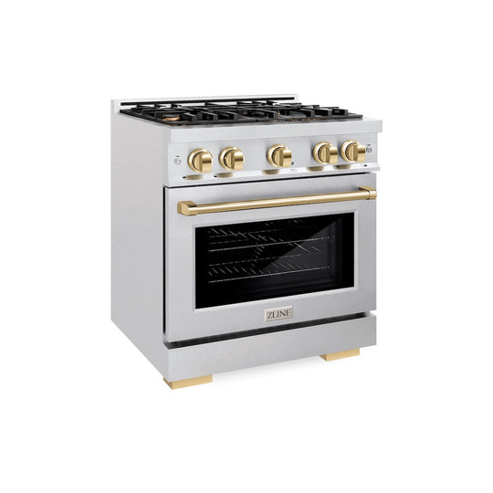 ZLINE Autograph Edition 30 in. 4.2 cu. ft. Select Gas Range with 4 Burner Cooktop and Convection Gas Oven in Satin Stainless Steel and Polished Gold Accents, Open Box-Great Condition