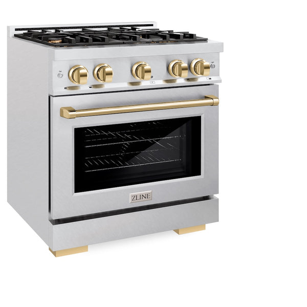 ZLINE Autograph Edition 30 in. 4.2 cu. ft. Select Gas Range with 4 Burner Cooktop and Convection Gas Oven in Satin Stainless Steel and Polished Gold Accents, Open Box-Great Condition