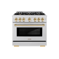 ZLINE Autograph Edition 36 in. 5.2 cu. ft. Select Gas Range with 6 Burner Cooktop and Convection Gas Oven in Satin Stainless Steel and Polished Gold Accents (HGRSZ-36-G)