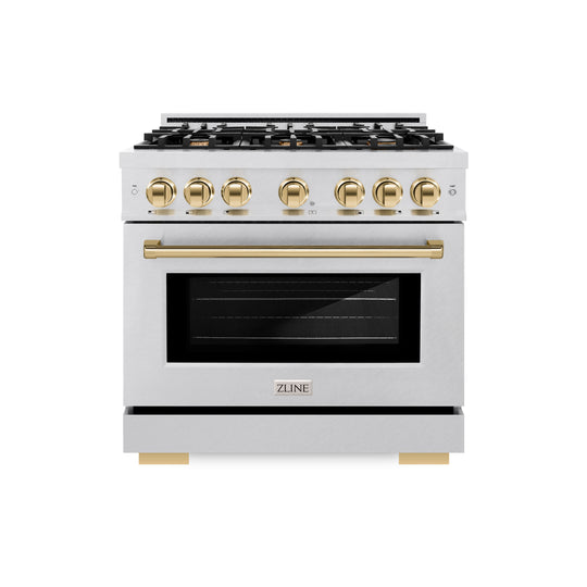 ZLINE Autograph Edition 36 in. 5.2 cu. ft. Select Gas Range with 6 Burner Cooktop and Convection Gas Oven in Satin Stainless Steel and Polished Gold Accents (HGRSZ-36-G)