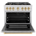 ZLINE Autograph Edition 36 in. 5.2 cu. ft. Select Gas Range with 6 Burner Cooktop and Convection Gas Oven in Satin Stainless Steel and Polished Gold Accents, Open Box-Great Condition