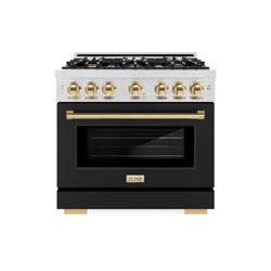 ZLINE Autograph Edition 36 in. 5.2 cu. ft. Select Gas Range with 6 Burner Cooktop and Convection Gas Oven in Satin Stainless Steel with Black Matte Door and Polished Gold Accents (HGRSZ-BLM-36-G)
