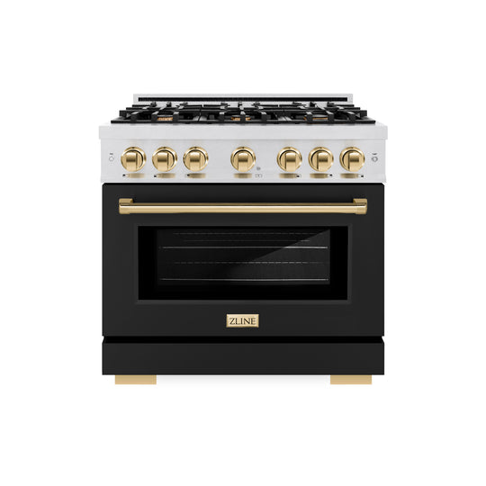 ZLINE Autograph Edition 36 in. 5.2 cu. ft. Select Gas Range with 6 Burner Cooktop and Convection Gas Oven in Satin Stainless Steel with Black Matte Door and Polished Gold Accents (HGRSZ-BLM-36-G)