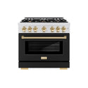 ZLINE Autograph Edition 36 in. 5.2 cu. ft. Select Gas Range with 6 Burner Cooktop and Convection Gas Oven in Satin Stainless Steel with Black Matte Door and Polished Gold Accents, Open Box-Great Condition