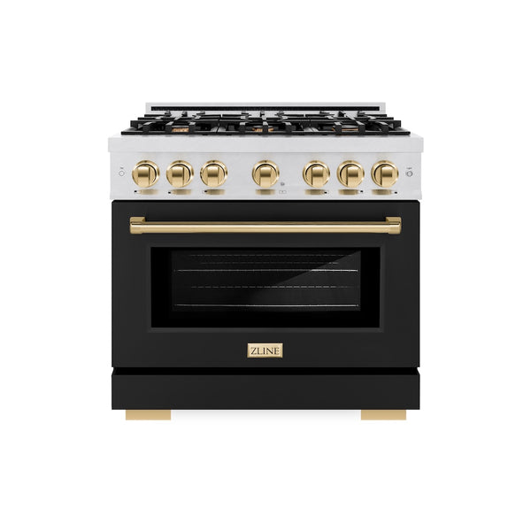 ZLINE Autograph Edition 36 in. 5.2 cu. ft. Select Gas Range with 6 Burner Cooktop and Convection Gas Oven in Satin Stainless Steel with Black Matte Door and Polished Gold Accents, Open Box-Great Condition