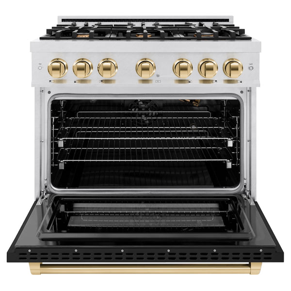ZLINE Autograph Edition 36 in. 5.2 cu. ft. Select Gas Range with 6 Burner Cooktop and Convection Gas Oven in Satin Stainless Steel with Black Matte Door and Polished Gold Accents, Open Box-Great Condition