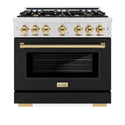 ZLINE Autograph Edition 36 in. 5.2 cu. ft. Select Gas Range with 6 Burner Cooktop and Convection Gas Oven in Satin Stainless Steel with Black Matte Door and Polished Gold Accents (HGRSZ-BLM-36-G)