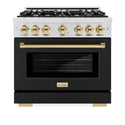 ZLINE Autograph Edition 36 in. 5.2 cu. ft. Select Gas Range with 6 Burner Cooktop and Convection Gas Oven in Satin Stainless Steel with Black Matte Door and Polished Gold Accents, Open Box-Great Condition