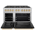 ZLINE Autograph Edition 48 in. 6.7 cu. ft. Select Double Oven Gas Range with 8 Burner Cooktop in Satin Stainless Steel with Black Matte Doors and Polished Gold Accents, Open Box-Great Condition