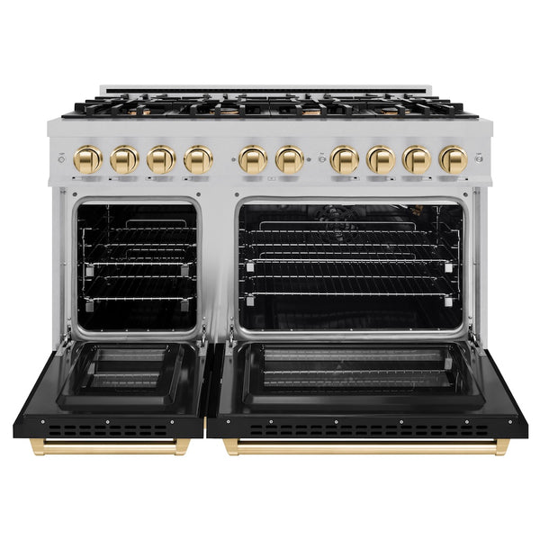 ZLINE Autograph Edition 48 in. 6.7 cu. ft. Select Double Oven Gas Range with 8 Burner Cooktop in Satin Stainless Steel with Black Matte Doors and Polished Gold Accents, Open Box-Great Condition