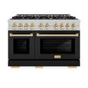 ZLINE Autograph Edition 48 in. 6.7 cu. ft. Select Double Oven Gas Range with 8 Burner Cooktop in Satin Stainless Steel with Black Matte Doors and Polished Gold Accents (HGRSZ-BLM-48-G)