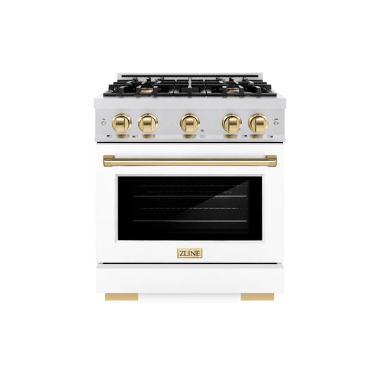 ZLINE Autograph Edition 30 in. 4.2 cu. ft. Select Gas Range with 4 Burner Cooktop and Convection Gas Oven in Satin Stainless Steel with White Matte Door and Polished Gold Accents (HGRSZ-WM-30-G)