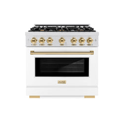 ZLINE Autograph Edition 36 in. 5.2 cu. ft. Select Gas Range with 6 Burner Cooktop and Convection Gas Oven in Satin Stainless Steel with White Matte Door and Polished Gold Accents (HGRSZ-WM-36-G)