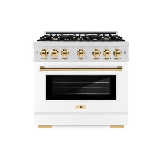 ZLINE Autograph Edition 36 in. 5.2 cu. ft. Select Gas Range with 6 Burner Cooktop and Convection Gas Oven in Satin Stainless Steel with White Matte Door and Polished Gold Accents (HGRSZ-WM-36-G)