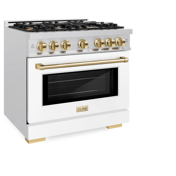 ZLINE Autograph Edition 36 in. 5.2 cu. ft. Select Gas Range with 6 Burner Cooktop and Convection Gas Oven in Satin Stainless Steel with White Matte Door and Polished Gold Accents (HGRSZ-WM-36-G)