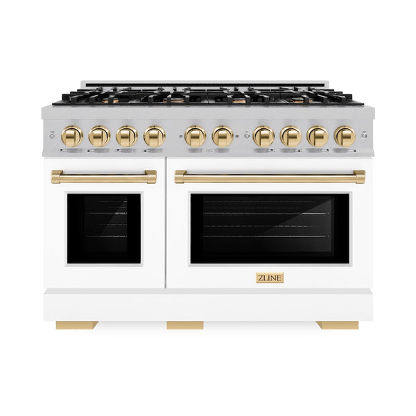 ZLINE Autograph Edition 48 in. 6.7 cu. ft. Select Double Oven Gas Range with 8 Burner Cooktop in Satin Stainless Steel with White Matte Doors and Polished Gold Accents, Open Box-Great Condition