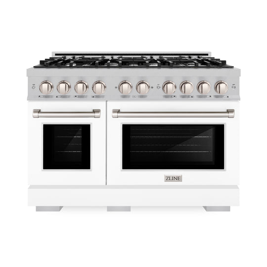 ZLINE 48 in. 6.7 cu. ft. Select Double Oven Gas Range with 8 Burner Cooktop in Satin Stainless Steel with White Matte Doors (HGRS-WM-48)
