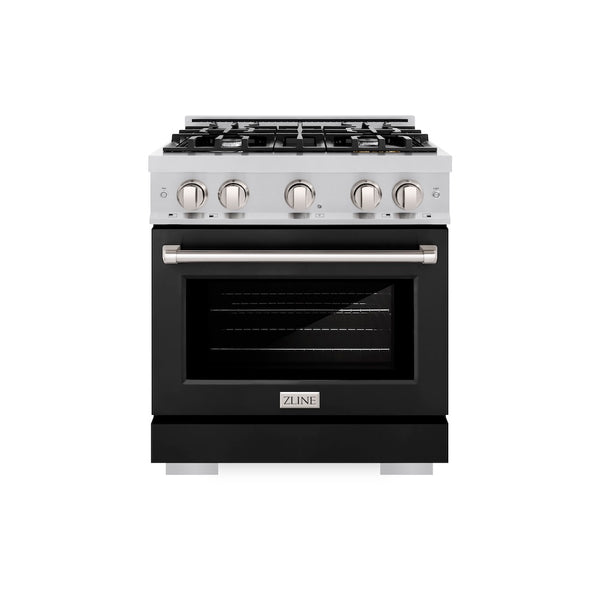 ZLINE 30 in. 4.2 cu. ft. Select Dual Fuel Range with 4 Burner Gas Cooktop and Electric Convection Oven in Stainless Steel with Black Matte Door, Open Box-Great Condition