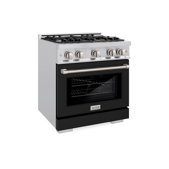 ZLINE 30 in. 4.2 cu. ft. Select Dual Fuel Range with 4 Burner Gas Cooktop and Electric Convection Oven in Stainless Steel with Black Matte Door, Open Box-Great Condition