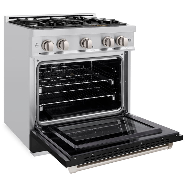 ZLINE 30 in. 4.2 cu. ft. Select Dual Fuel Range with 4 Burner Gas Cooktop and Electric Convection Oven in Stainless Steel with Black Matte Door, Open Box-Great Condition