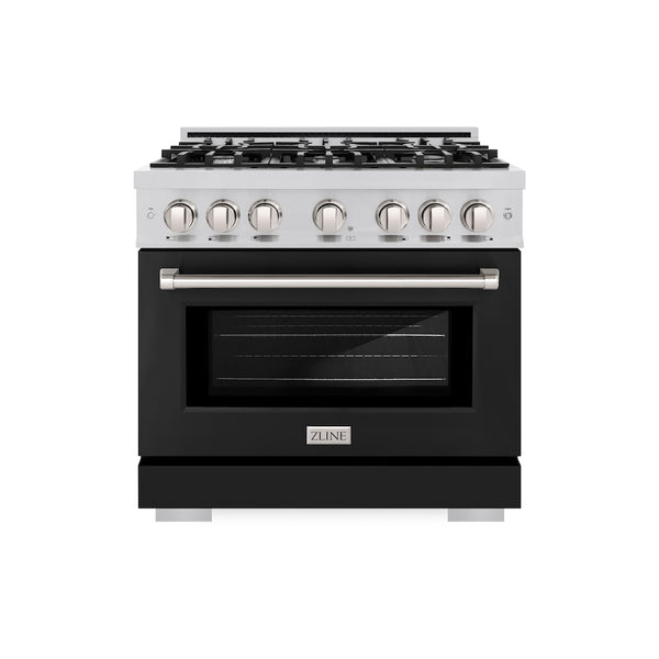 ZLINE 36 in. 5.2 cu. ft. Select Dual Fuel Range with 6 Burner Gas Cooktop and Electric Convection Oven in Stainless Steel with Black Matte Door, Open Box-Great Condition