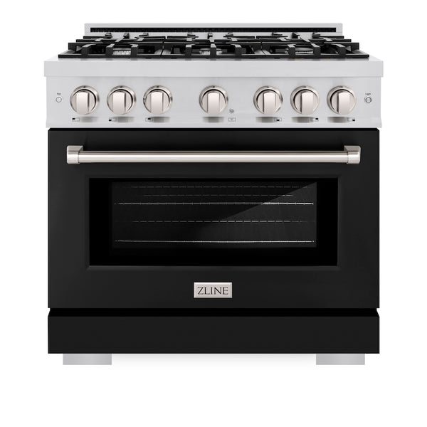 ZLINE 36 in. 5.2 cu. ft. Select Dual Fuel Range with 6 Burner Gas Cooktop and Electric Convection Oven in Stainless Steel with Black Matte Door, Open Box-Great Condition