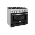 ZLINE 36 in. 5.2 cu. ft. Select Dual Fuel Range with 6 Burner Gas Cooktop and Electric Convection Oven in Stainless Steel with Black Matte Door, Open Box-Great Condition