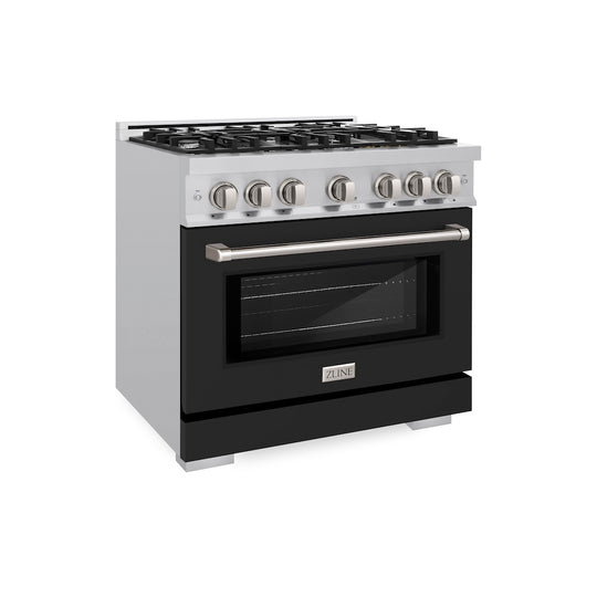 ZLINE 36 in. 5.2 cu. ft. Select Dual Fuel Range with 6 Burner Gas Cooktop and Electric Convection Oven in Stainless Steel with Black Matte Door, Open Box-Great Condition