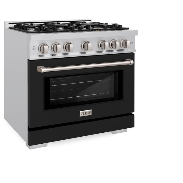 ZLINE 36 in. 5.2 cu. ft. Select Dual Fuel Range with 6 Burner Gas Cooktop and Electric Convection Oven in Stainless Steel with Black Matte Door, Open Box-Great Condition