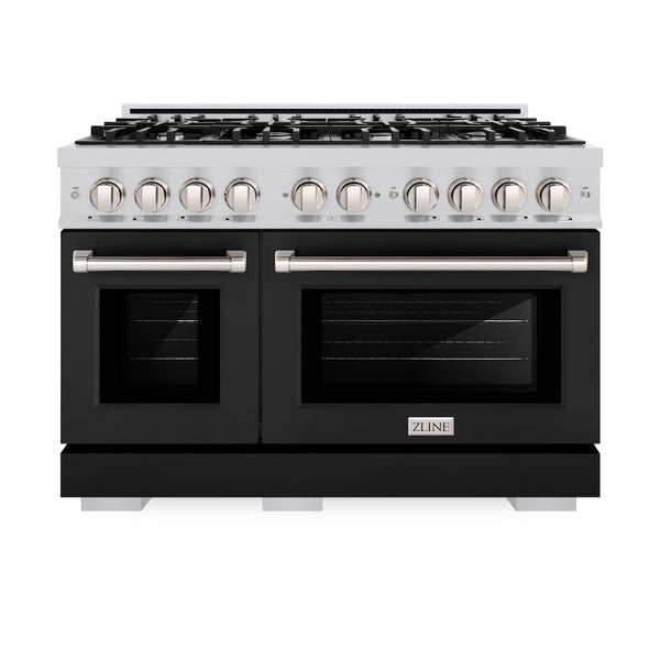 ZLINE 48 in. 6.7 cu. ft. Select Double Oven Dual Fuel Range with 8 Burner Gas Cooktop in Stainless Steel with Black Matte Doors, Open Box-Great Condition