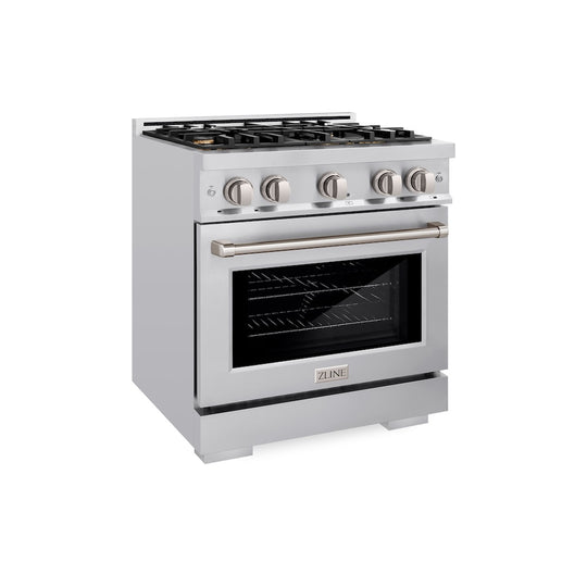 ZLINE 30 in. 4.2 cu. ft. Select Dual Fuel Range with Gas Cooktop and Electric Convection Oven in Stainless Steel with 4 Brass Burners, Open Box-Great Condition