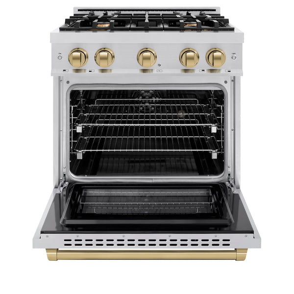 ZLINE Autograph Edition 30 in. 4.2 cu. ft. Select Dual Fuel Range with 4 Burner Gas Cooktop and Electric Convection Oven in Stainless Steel with Champagne Bronze Accents, Open Box-Great Condition