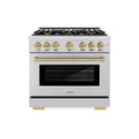ZLINE Autograph Edition 36 in. 5.2 cu. ft. Select Dual Fuel Range with 6 Burner Gas Cooktop and Electric Convection Oven in Stainless Steel with Champagne Bronze Accents, Open Box-Great Condition