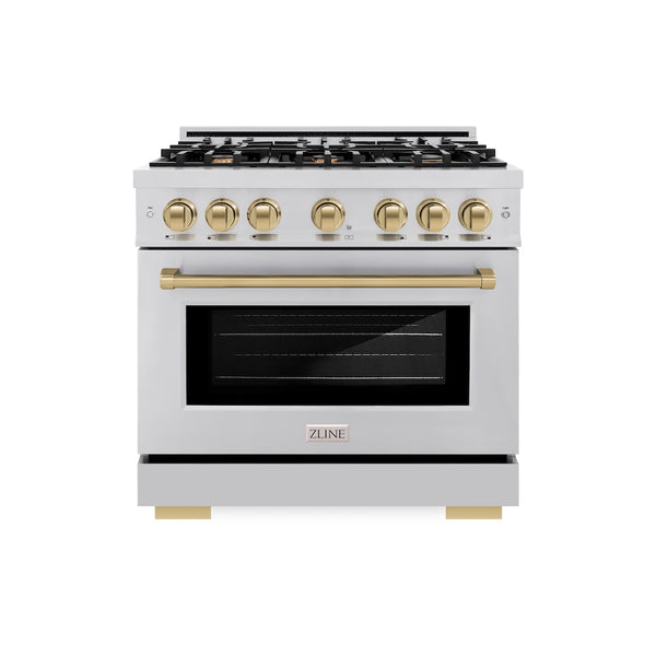 ZLINE Autograph Edition 36 in. 5.2 cu. ft. Select Dual Fuel Range with 6 Burner Gas Cooktop and Electric Convection Oven in Stainless Steel with Champagne Bronze Accents, Open Box-Great Condition